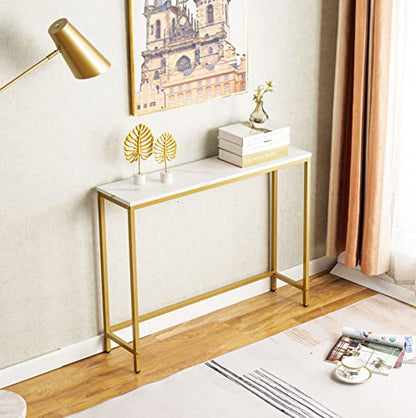 loglus Small Console Table for Entryway, Faux Marble MDF Sofa Table with Golden Frame, Single Layer, White Marble, 9.45" D x 38.19" W x 29.72" H - color: White Marble, style: Single Layer