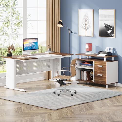 Tribesigns 63 Inch Executive Desk with File Cabinet, L Shaped Office Desk with Drawers and Storage Shelves, Business Furniture Set Workstation for Home Office, White and Walnut - color: White and Brown