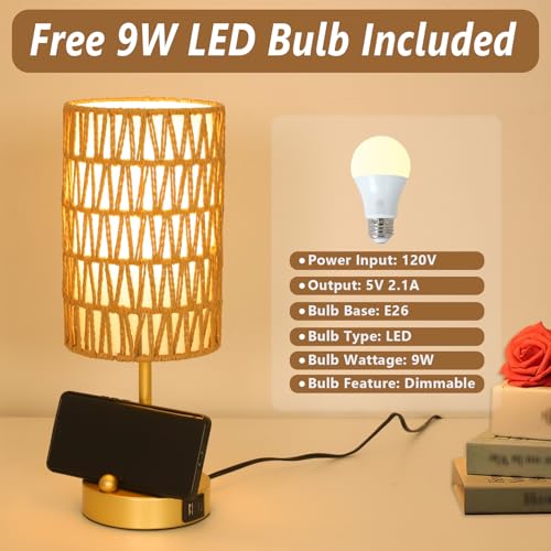 Gold Bedside Lamps Set of 2, Touch Control Night Stand Lamp for Bedroom with Rattan & Linen Shade & Bulbs, 3 Way Dimmable Small Boho Table Lamps with USB Charging Port & Phone Stand - color: Gold-2pack
