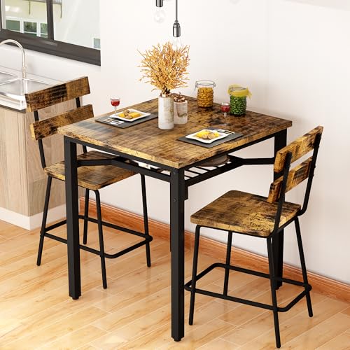 Hooseng 3 Piece Bar Table and Chairs Set, Counter Height Small Dining Table with 2 Bar Stools, Farmhouse Square Kitchen Table with Storage for Bistro, Pub, Small Space - color: Brown