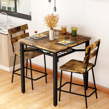 Hooseng 3 Piece Bar Table and Chairs Set, Counter Height Small Dining Table with 2 Bar Stools, Farmhouse Square Kitchen Table with Storage for Bistro, Pub, Small Space - color: Brown