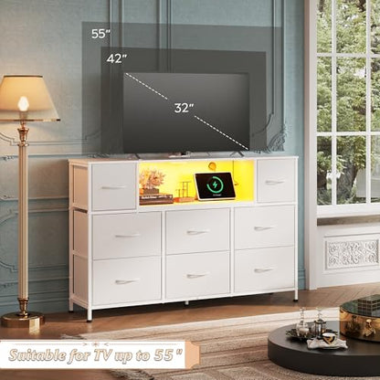 WLIVE LED Dresser TV Stand for 55 Inch TV, 8 Drawers, White | Fits TVs up to 55 inch, 8 fabric drawers, LED chest of drawers, Built-in power outlet, Living room or bedroom - color: White