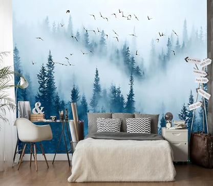 XMPMBM-Peel and Stick Foggy Forest Wallpaper Blue Hazy Pine Tree wall Mural | Tear-resistant,good adhesion,repositionable,and durable;does not peel off easily.size: S-80"X58" - color: X01, size: 80"x58"