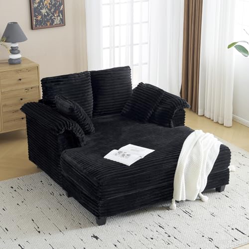 VINGLI 56" Oversized Chaise Lounge Chair, Black Comfy Corduroy Chaise Sofa Recliner Bed Upholstered Sleeper Couch Bed with Throw Pillows and Armrests for Living Room, Movie Room, Bedroom - color: Black, style: Modern