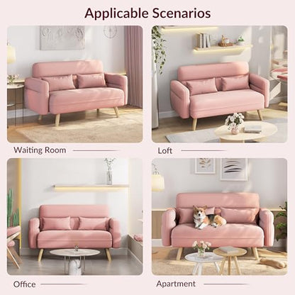 Yaheetech 46" Small Sofa Compact Modern Couch with Wood Legs, Pink | Loveseat Small Sofa in Fabric 2 Seater Couch Features Wood Legs, Lumbar Pillows, Easy Assembly for Living Room, Bedroom, Dorm - color: Pink