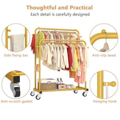 Laiensia Double Rods Garment Rack with Wheels, Clothing Rack for Hanging Clothes,4 Hooks, Multi-functional Bedroom Clothes Rack, Gold - color: Gold