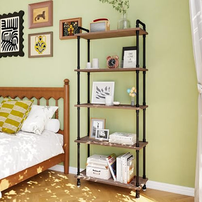 Industrial Bookshelf, Pipe Shelf Bookcase, 5 Tier, 30" Weathered Brown | Solid pine shelves, 30 inch wide, black pipe frame, 35 lbs per shelf, open bookcase for books, plants, office - color: Weathered Brown, size: 30"L × 70"H