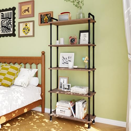Industrial Bookshelf, Pipe Shelf Bookcase, 5 Tier, 30" Weathered Brown | Solid pine shelves, 30 inch wide, black pipe frame, 35 lbs per shelf, open bookcase for books, plants, office - color: Weathered Brown, size: 30"L × 70"H