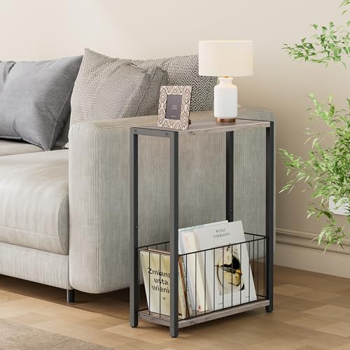 Homleke Narrow Side Table with Magazine Holder, Skinny End Table | Space-Saving Design, Small Spaces, Storage Shelf, Metal Frame, Easy Assembly, 7.1" D x 16.9" W x 23.6" H, Greige - color: Greige - Standard