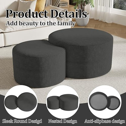 Round Nesting Coffee Table Set of 2,Upholstered Foam Ottoman Footrest Side Table Set,Modern Flannel Circle Coffee Table No Assembly for Living Room Entryway Bedroom,Grey - color: Grey