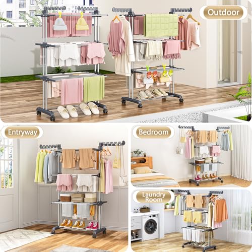 Upgraded 4-Tier Clothes Drying Rack, Drying Rack Clothing with Wheels | Large Foldable Laundry Drying Rack, Clothes Rack with Side Hooks for Indoor Outdoor Air Drying, 19.68"D x 29.9"W x 67.7"H - size: 19.68"D x 29.92"W x 67.70"H