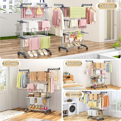 Upgraded 4-Tier Clothes Drying Rack, Drying Rack Clothing with Wheels | Large Foldable Laundry Drying Rack, Clothes Rack with Side Hooks for Indoor Outdoor Air Drying, 19.68"D x 29.9"W x 67.7"H - size: 19.68"D x 29.92"W x 67.70"H