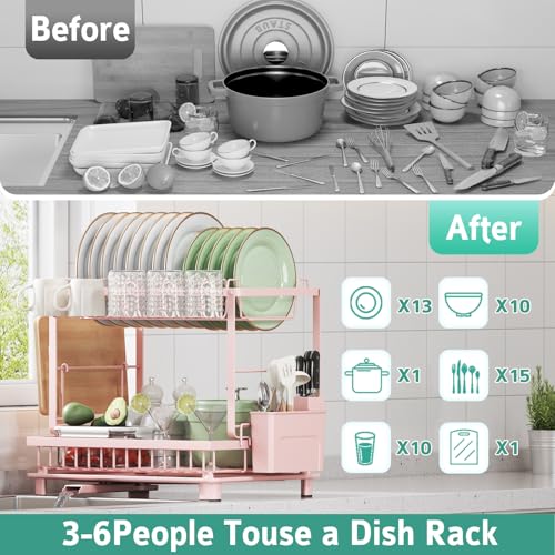 Multifunctional Dish Drying Rack - Rustproof, 2-Tier Dish Racks with Drainboard, Space-Saving Design, Utensil & Cup Holder for Kitchen Counter, Pink - color: Pink
