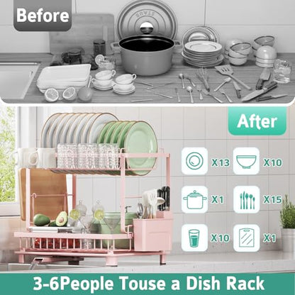 Multifunctional Dish Drying Rack - Rustproof, 2-Tier Dish Racks with Drainboard, Space-Saving Design, Utensil & Cup Holder for Kitchen Counter, Pink - color: Pink