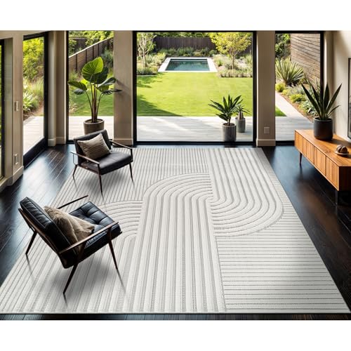 Modern Rug 9x12 Luxury Swirl Curved Large Micro Loop Area Rugs Soft High-Low Pile Stain Resistant Easy to Clean Non-Shedding Durable Living Room Kitchen Indoor Carpet (White) - color: Curved / White, size: 9' x 12' (Rectangular)