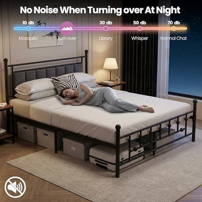 Velvet Upholstered Queen Bed Frame with Headboard | 14-inch Underbed Storage, 13 Metal Slats, 9 Support Legs, Noise-dampening Strips, No Box Spring Needed - size: Queen