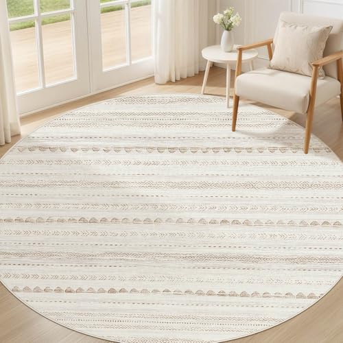 Nakagishi Round Rug Boho Area Rugs: 4x4 Washable Large Circle Neutral Soft Stain Resistant Non-Slip Carpet for Women Aged 25-45 Farmhouse Decor Enthusiasts - Living Room Bedroom Dining Room Nursery - color: Beige Brown, size: 4' X 4' (Round)