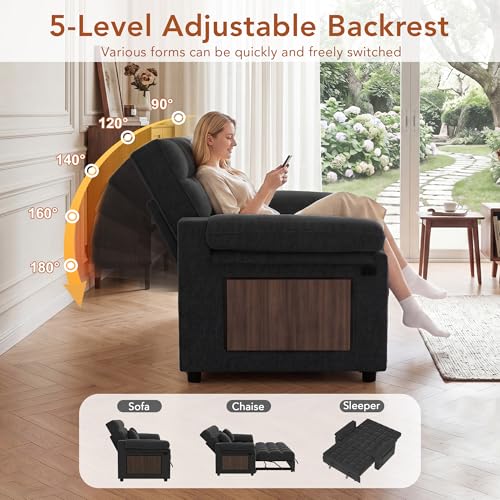 Vipbear Sleeper Sofa Bed, 70" Pull Out Futon Couch with Small Table| USB Port | Side Pockets | Tool-Free Assembly | Adjustable Backrest for Apartment, Office, Guest Room, Chenille Black - color: Black