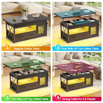 Itaar 40" Lift Top Coffee Table with Storage for Living Room, 4 in 1 Table | Black LED Expandable Coffee Table with 2 Fabric Drawers & LED Light & Hidden Compartmen for Dining Living Room Table - color: Black
