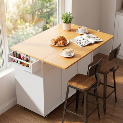 YESHOMY 56" Kitchen Island with Trash Can Storage, Drop Leaf Kitchen Island with Storage, 2 Drawers, 5 Wheels, Spice Rack & Towel Holder, White and Yellow Oak - color: White and Yellow Oak