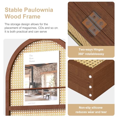 Rattan Room Divider with Bookshelf,Foldable Privacy Screen Partition,Wooden Frame,Natural Portable for Living Room,Bedroom Home,Office Reading Nook (Walnut, 3 Panels) - color: Walnut