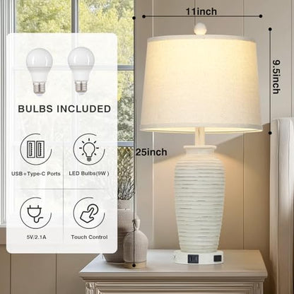 CINSARY 25" Retro White Farmhouse Jar Table Lamps for Living Room, 3 Way Touch Control Rustic Bedside Lamps with USB A+C Ports & AC Outlet, Pot Nightstand Lamps for Bedroom (LED Bulbs Included) - color: Retro-White-1Pack