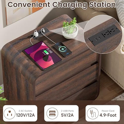 Standifurno Walnut 3 Drawers Nightstand, 25" Tall Wooden Bedside Table with Charging Station, Large Side Table Curved Profile, Handleless, Large End Table Night Stand for Bedroom, Office - color: Walnut, size: 3 Drawer(1PC)