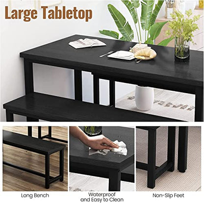 Dining Room Table Set with 2 Benches, Farmhouse Dining Table Set for 4-6, Wood Breakfast Table Set Dinner Table Set Kitchen Table and Chairs for Breakfast Nook Small Spaces, Black - color: Black