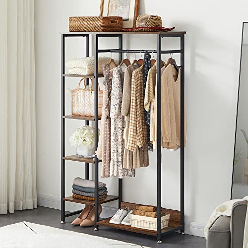 VECELO Open Garment Clothing Rack, Free-Standing Heavy Duty Storage Closet with 5 Shelves and Hanging Rod for Small Spaces, Max Load 350LBS, Brown - color: Dark Brown