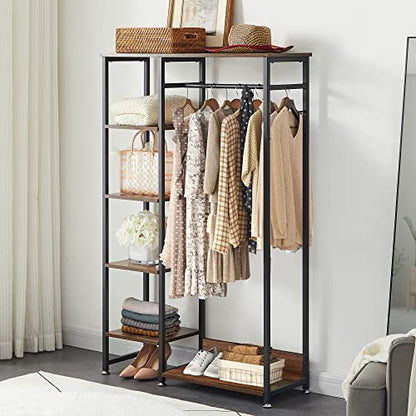 VECELO Open Garment Clothing Rack, Free-Standing Heavy Duty Storage Closet with 5 Shelves and Hanging Rod for Small Spaces, Max Load 350LBS, Brown - color: Dark Brown