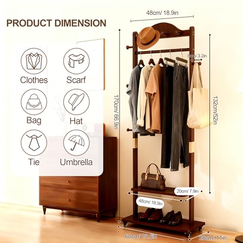 Walnut Brown Solid Wood Coat Rack Freestanding with Wheels - Heavy Duty Clothes Rack with 2 Storage Shelves & 9 Hooks, Wooden Coat Rack Stand Hat Hanger Rack for Bedroom Entryway Living Room Hotel - color: Walnut 2