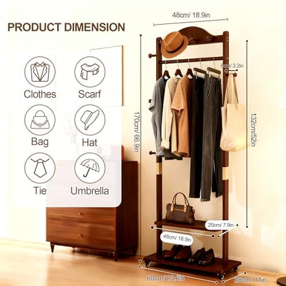 Walnut Brown Solid Wood Coat Rack Freestanding with Wheels - Heavy Duty Clothes Rack with 2 Storage Shelves & 9 Hooks, Wooden Coat Rack Stand Hat Hanger Rack for Bedroom Entryway Living Room Hotel - color: Walnut 2