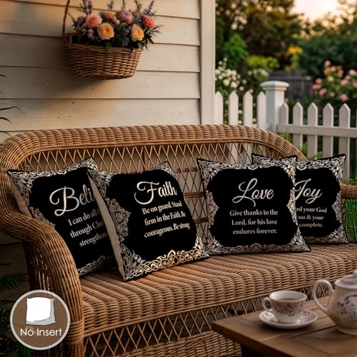 OBSEDE Black Bible Verse Decorative Throw Pillow Covers 18x18 in Set of 4 | Faux Linen, Invisible Zipper, Single-Sided, Elegant Home Decor, Cozy Couch Sofa Bed Cushion Cases, Believers Inspiring Gifts - color: Black and White Bible Verse, size: 18" x 18"