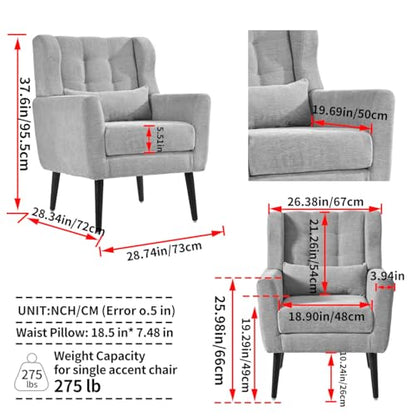 Accent Chair, Living Room Chairs with Solid Wood Legs & Pillow | Chairs Living Room with High Tufted Backrest, Reading Chair for Bedroom/Office, Chenille Fabric - color: Grey