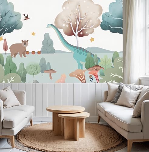 ASJ Dinosaur Peel and Stick Wallpaper Mural, Nursery Woodland Mint Green | Seamless edge-to-edge match. Bear mushroom nature artwork, 118x78 in, premium fabric, boys girls room playroom. - color: mint green, size: 118" x 78"