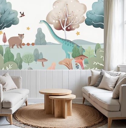 ASJ Dinosaur Peel and Stick Wallpaper Mural, Nursery Woodland Mint Green | Seamless edge-to-edge match. Bear mushroom nature artwork, 118x78 in, premium fabric, boys girls room playroom. - color: mint green, size: 118" x 78"