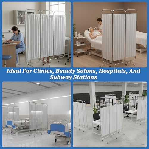 3-Panel Medical Privacy Screen on Wheels, Portable Medical Screen | Indoor Room Privacy Screen Divider, Stainless Steel Contruction, Folds Easy for Storage - size: 3-Panel