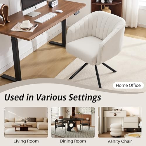 Swivel Desk Chair No Wheels Modern Upholstered Vanity Chairs Stationary | Comfy Dining Chairs with Mid Back Computer Task Chair Swivel Accent Arm-Chair for Home Office/Vanity/Bedroom, Beige - color: Beige