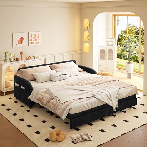 65.4'' Queen Size Sleeper Sofa Bed, 3-in-1 Pull Out Chenille Couch, Black | Cozy Curved Armrest, Loveseat with USB, 2 Round Pillows, Washable Cover, Pocket, for Living Room, Apartment, Small Spaces, RV - color: Black, size: 65.4'' Queen
