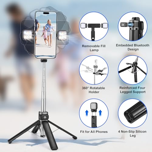MQOUNY Mini iPhone Tripod Stand & Selfie Stick with Wireless Remote & Removable Light, Extendable Stand 360 Rotation Compatible with iPhone & Android Samsung (Black) - color: Black