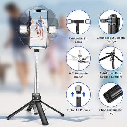 MQOUNY Mini iPhone Tripod Stand & Selfie Stick with Wireless Remote & Removable Light, Extendable Stand 360 Rotation Compatible with iPhone & Android Samsung (Black) - color: Black