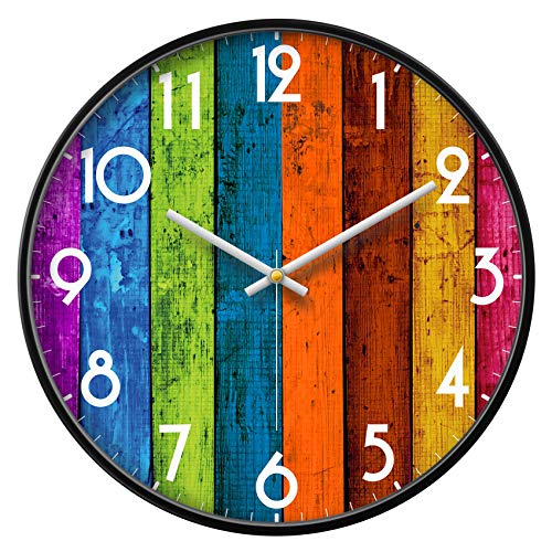 Silent Non-Ticking Analog Wall Clock, Colorful Wood Print, 12'' | Battery Operated, Modern, Metal Frame & HD Tempered Glass, Decorative for Home & Office, Bedroom, Kitchen, Living Room - color: Multicolor, size: 12inch