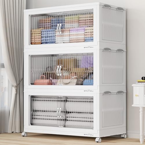 BROVIEW 600Qt Stackable Storage Bins with Lid for Home Dorm, 3Pack White | Closet Organizers, Foldable & Collapsible Cabinets, Large Containers, Wheels & Magnetic Doors, Plastic Drawers for School - color: White, size: 200QT-3Pack