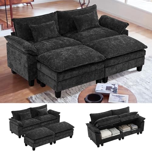 85" Modular Sectional Sofa with Storage, Comfy Cloud Couch Sleeper | Chaise Lounge, Deep Seat, Moveable Ottoman, Throw Pillows, Cloud Comfort Couches for Living Room Bedroom, Chenille Black - color: Black, size: 85" - 4 Seat