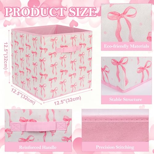 6 Pcs Pink Bow Cube Storage Bins 12.5 Inch Pink Storage Basket with Handle, Preppy Girls Organizer Basket, Collapsible Fabric Box for Classroom Bedrooms Office Home Decoration (Bow) - color: Bow