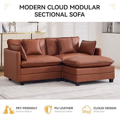 76'' Cloud Deep Seat Loveseat Sofa, Upholstered Leather Modular 2-Seats Sectional Sofa Couch with Movable Ottoman, Modern Comfy Settee Loveseat for Living Room Set, Small Apartment,Leather Brown - color: Pu-dark Brown, size: 76'' L Shape
