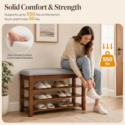 Solid Wood Shoe Rack Bench with Storage, Flip-Top Soft-Close Lid, 23.6" | 550 lbs Max Load, Flip-Top Soft-Close Lid, Adjustable Shelves, Cushioned Entryway Shoe Rack Organizer, Tool-free Assembly - size: 23.6"