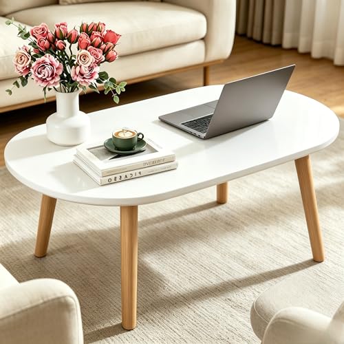 Coffee Table, 31.5" Oval Low Coffee Tables with Solid Wood Legs Large White | Floor Table Desk for Sitting on The Floor, Easy Assembly Small Space Coffee Tables for Living Room, Apartment, Office - color: 31.5"l Oval White