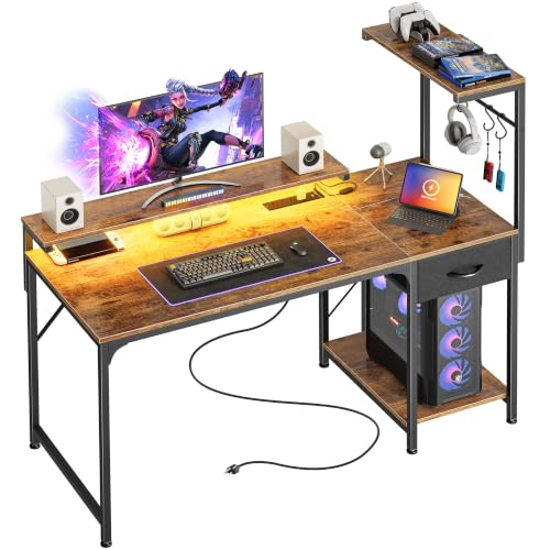 47.2 Inch Gaming Desk with LED Lights & Power Outlets | Computer Desk with Drawer & Storage Shelves, Office Writing Desk with Monitor Stand for Work from Home, Rustic Brown - color: Rustic Brown, size: 47.2 Inch
