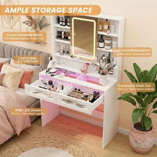 Hadulcet 35.5" Small Vanity Desk with Mirror and Lights, White Make Up Vanity Table with Glass Top & Colored Lights & Multiple Shelves for Girls Gifts, Cute Room Decor - color: White, size: 15.8"D x 35.5"W x 55.1"H